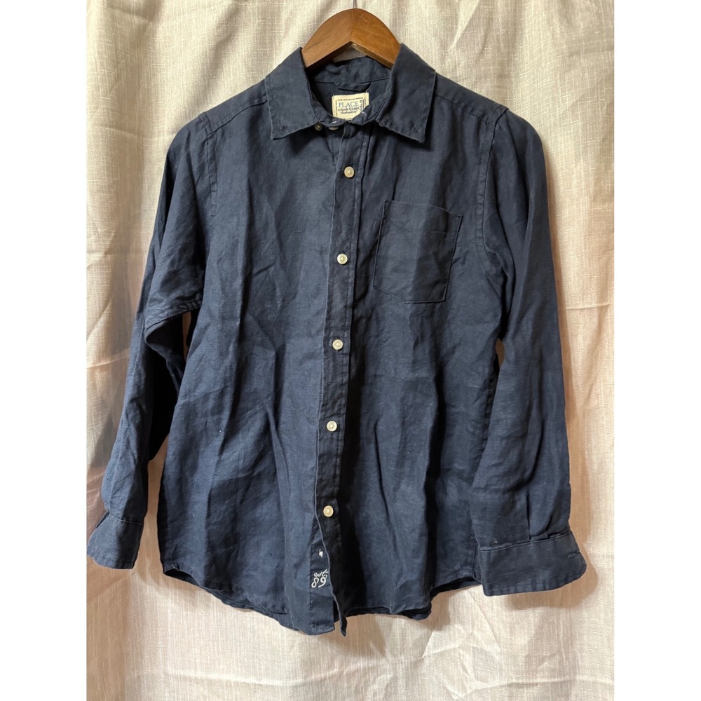 The Children's Place Boys Button Down Longsleeve Blue Linen Size L (10/12)